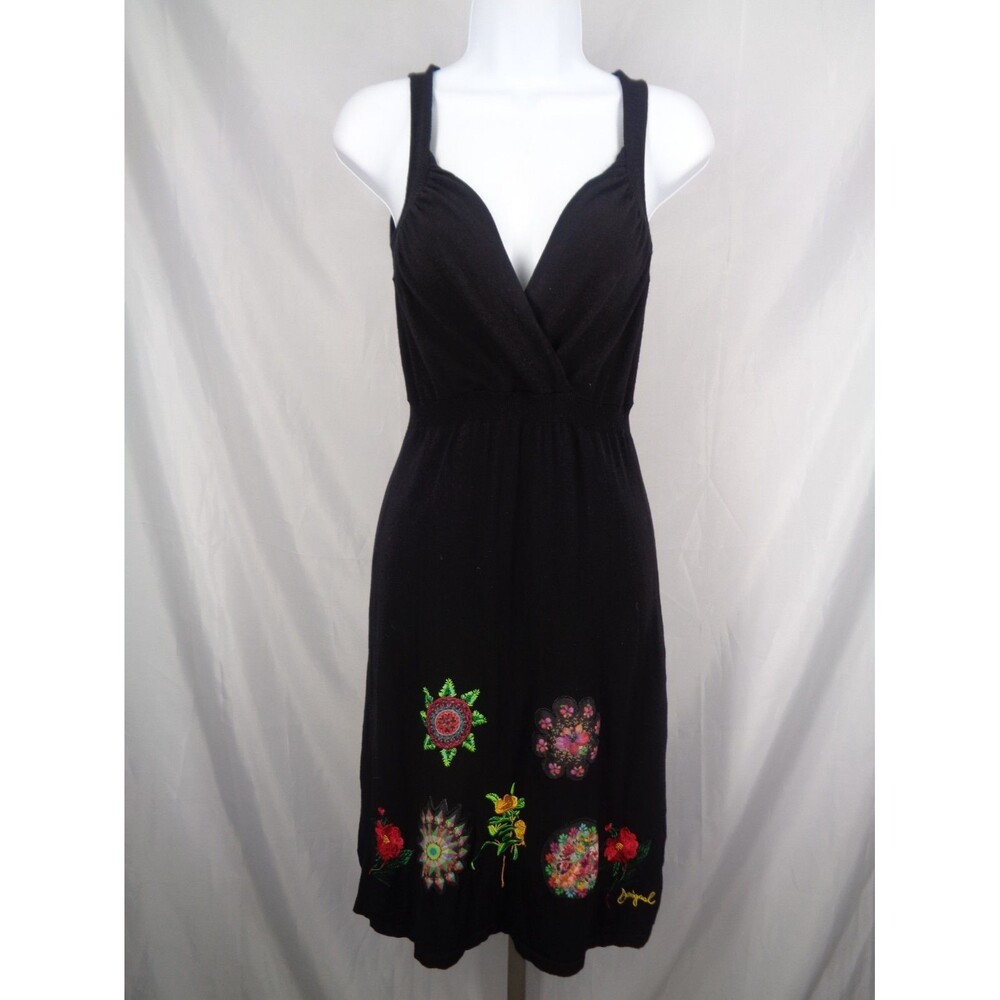 Desigual Black Knit Applique Dress Size Small Floral Starburst Embroidered